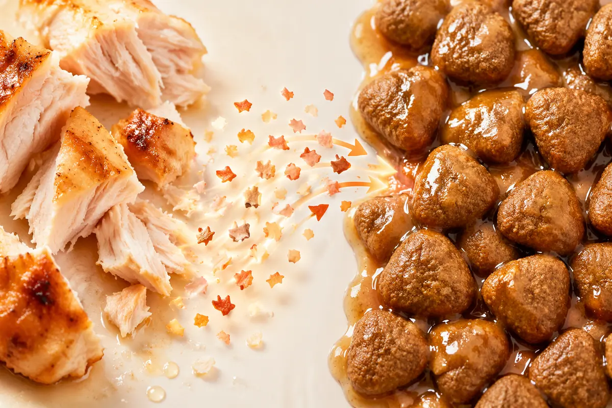 Cooked chicken protein broken into small flavor pieces that move into the glossy coating on kibble