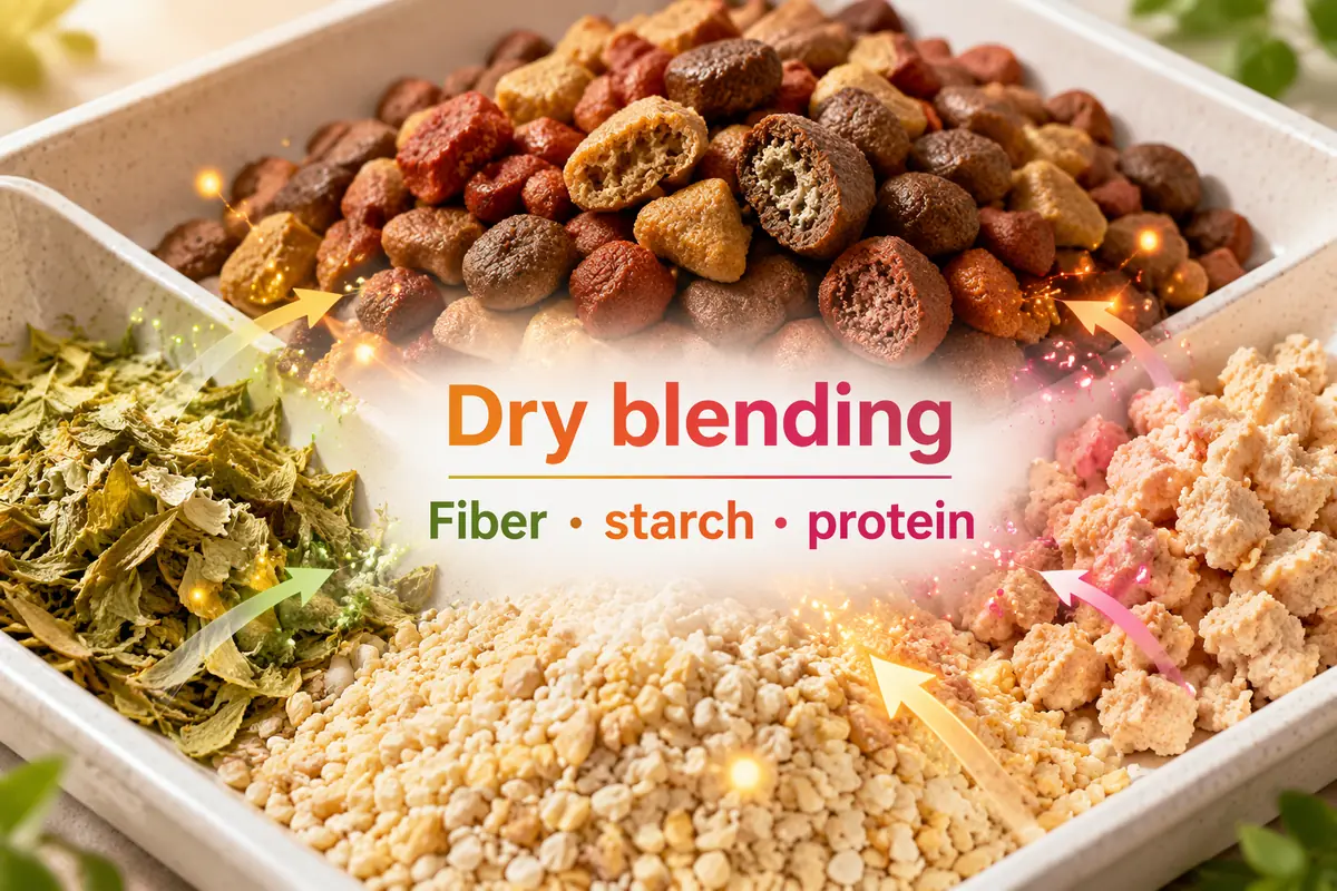 Fiber, starch and protein raw materials in trays next to finished dry kibble, labelled dry blending