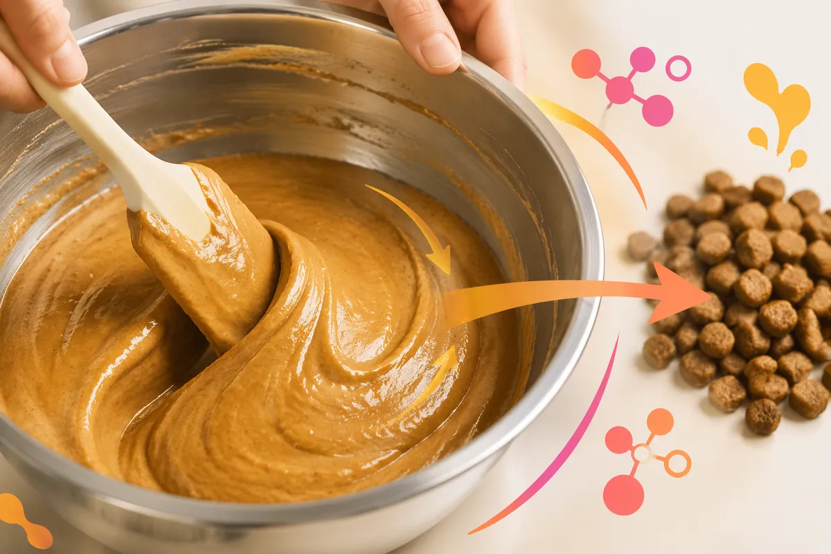 Protein digest slurry being mixed in a steel bowl before it is applied to dry kibble